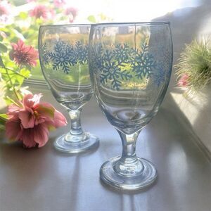 Libbey Winter Snowflake Goblets VTG 7” Blue Water Tea Glasses Christmas Decor